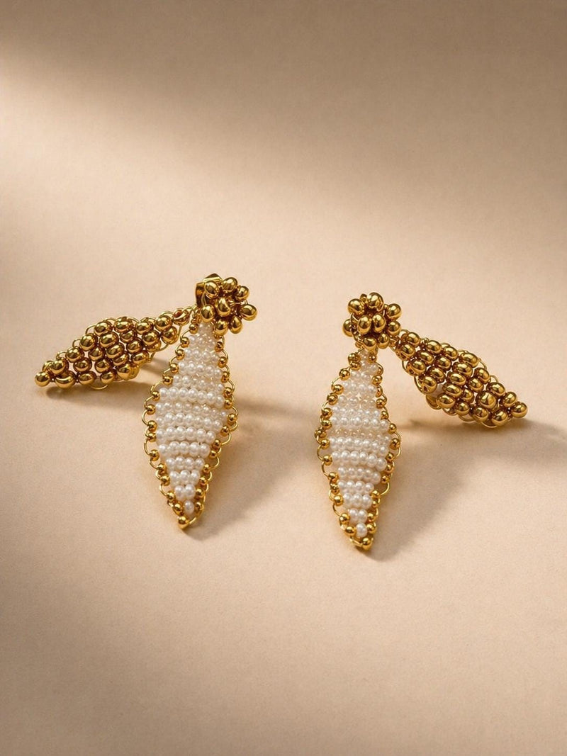 Dorothy bridal drop earrings by Vowen, hand-beaded marquise drops with gold-tone detail