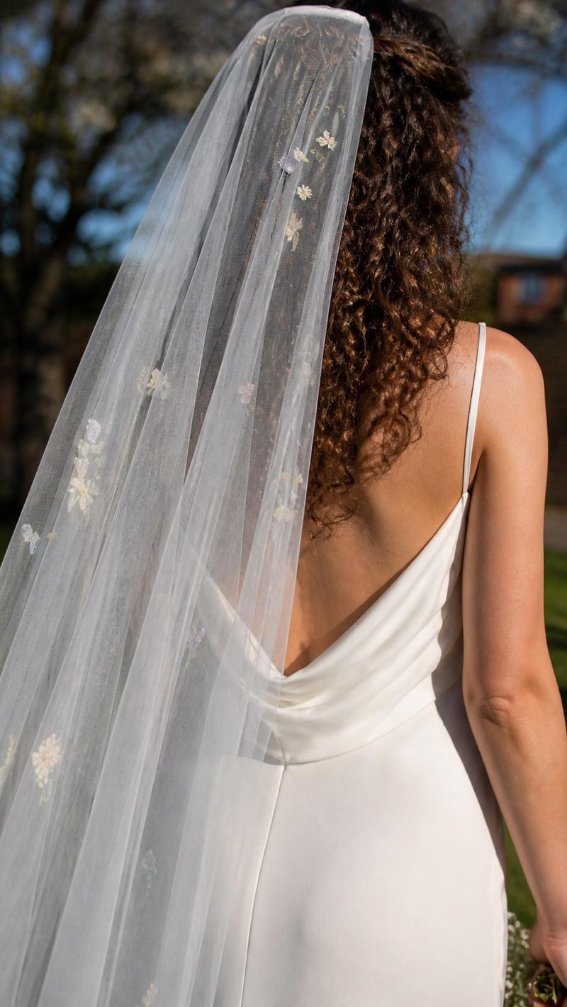 Vera silk tulle bridal veil by Vowen, hand-embroidered with delicate spring flowers