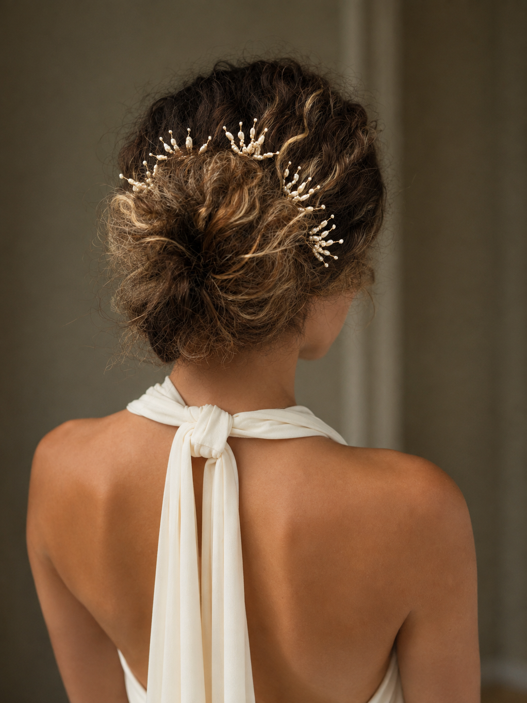 Bride wearing a handmade Vowen pearl hairvine