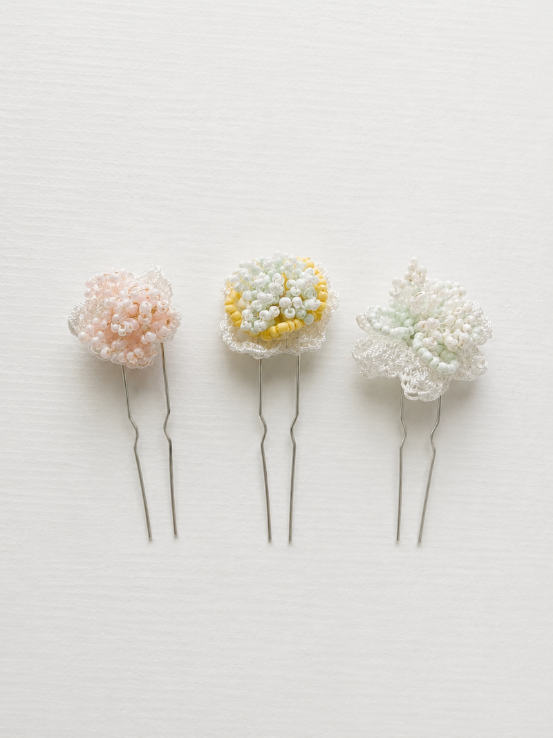 Blossom floral bridal hair pins by Vowen, three handmade lace flowers beaded in pastel tones