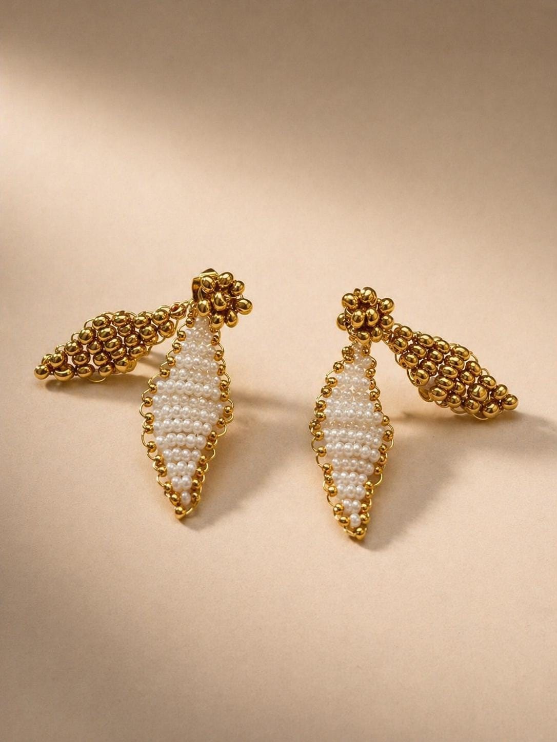 Dorothy bridal drop earrings by Vowen, hand-beaded marquise drops with gold-tone detail