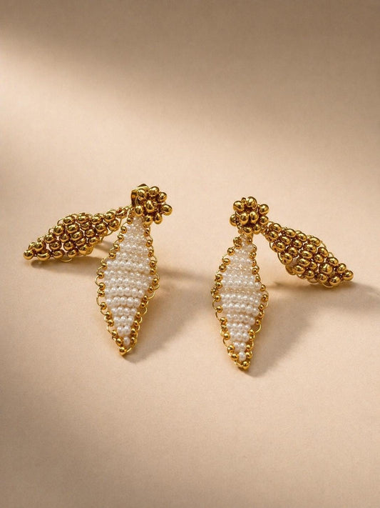 Dorothy bridal drop earrings by Vowen, hand-beaded marquise drops with gold-tone detail
