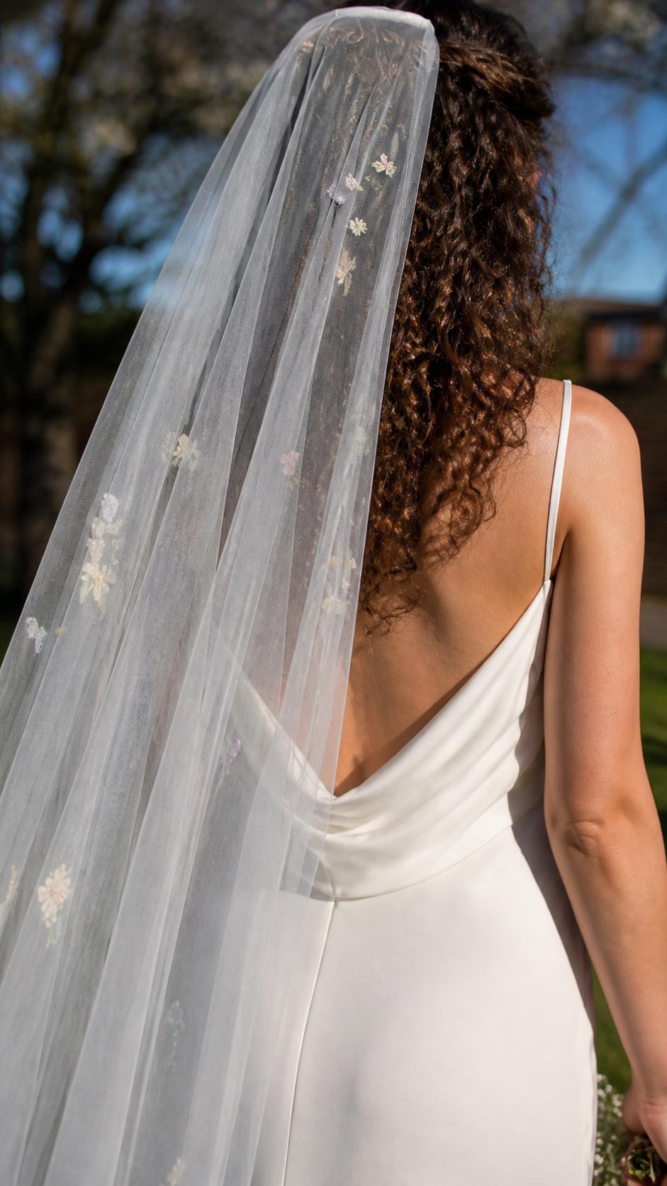 Vera silk tulle bridal veil by Vowen, hand-embroidered with delicate spring flowers