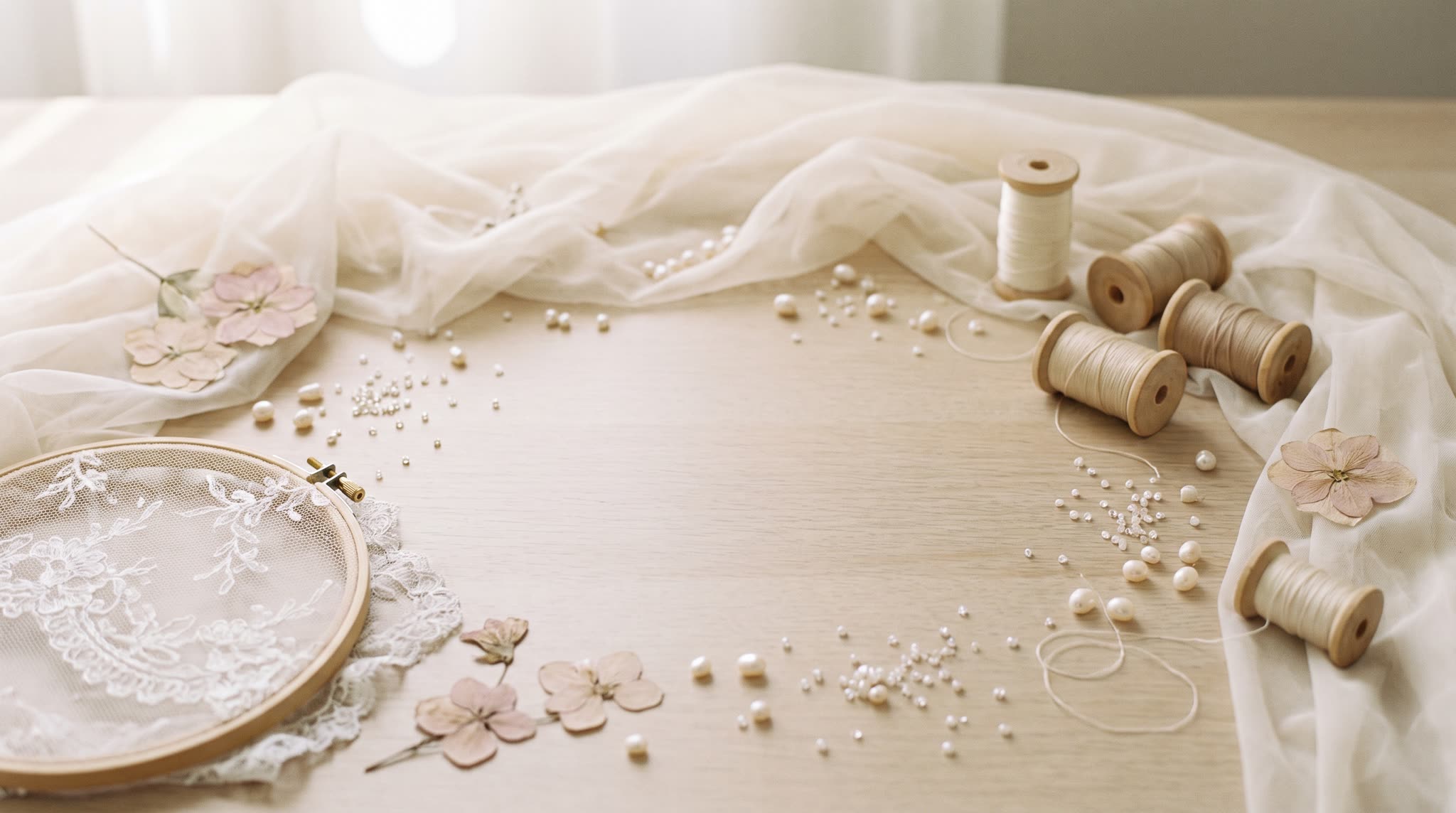 Ivory tulle, freshwater pearls, silk thread and a lace embroidery hoop on a bridal atelier worktable