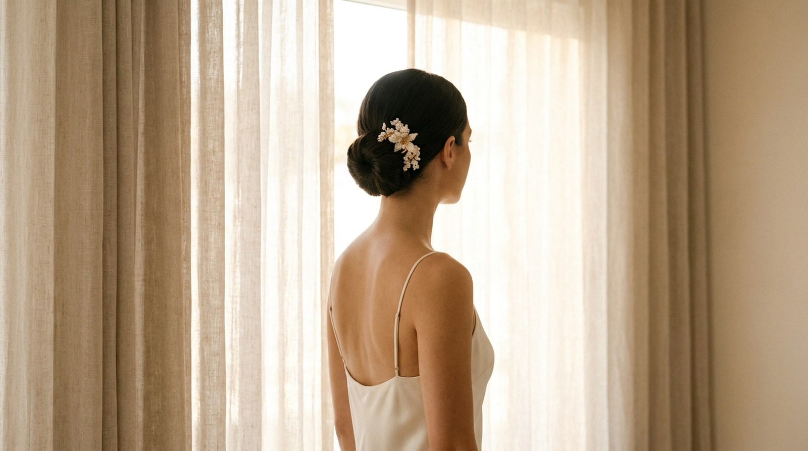 A bride wearing a Vowen hand-beaded pearl bridal hair comb in a chignon
