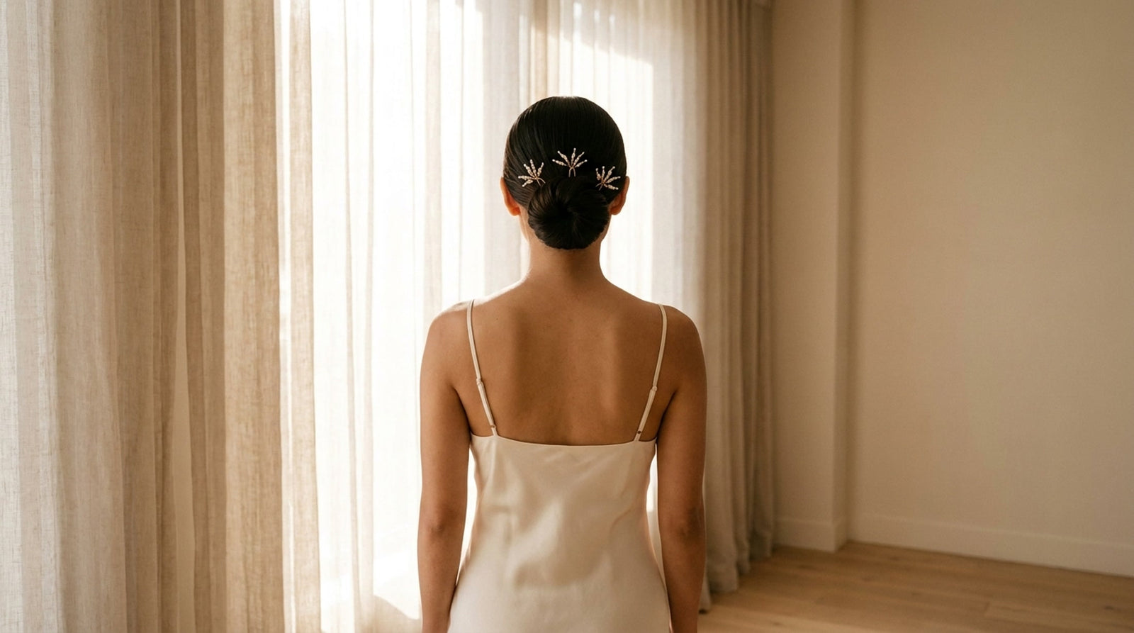 A bride wearing Vowen freshwater pearl bridal hair pins in a low bun