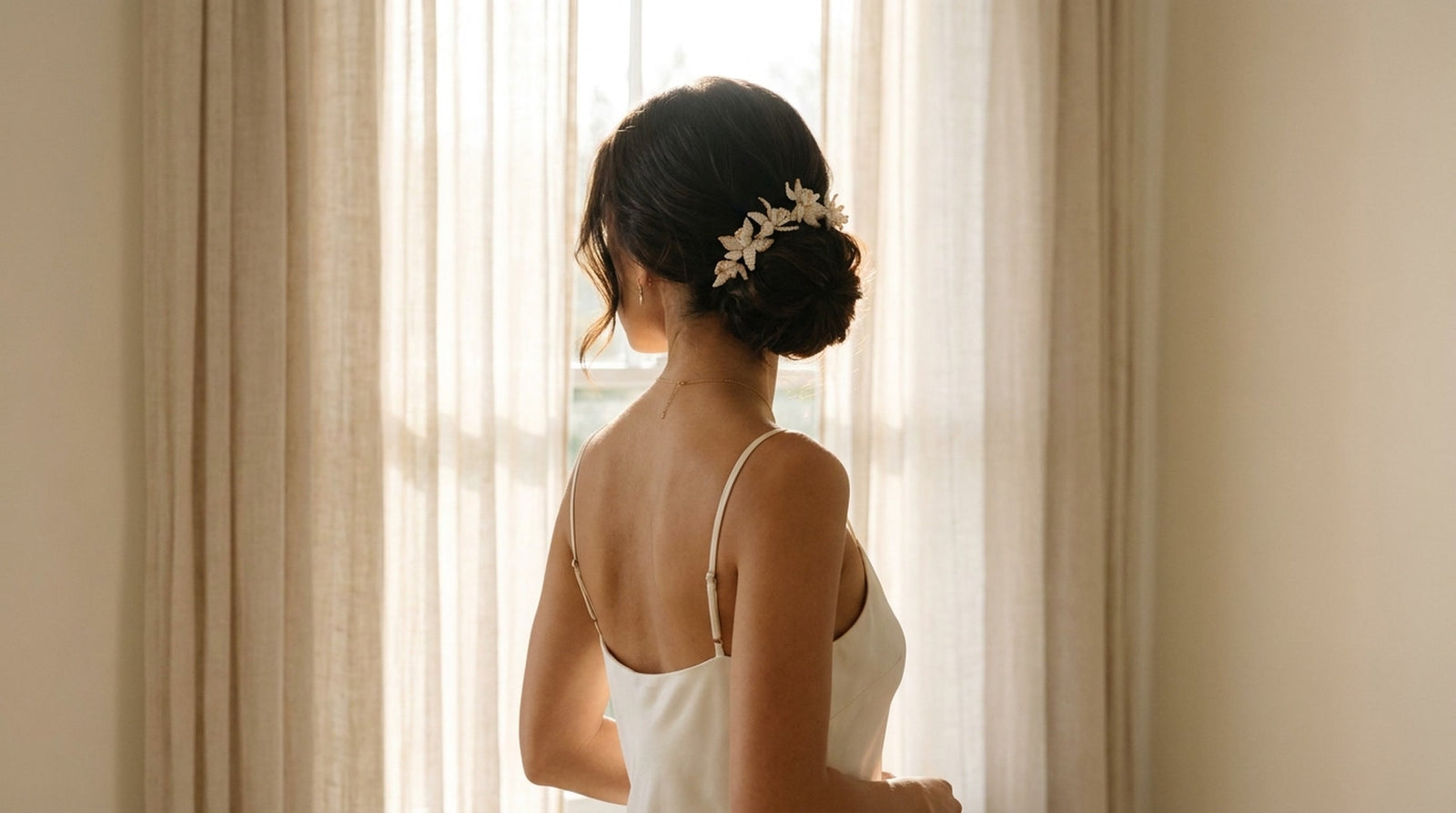 A bride wearing a Vowen hand-beaded pearl bridal hair vine in soft daylight